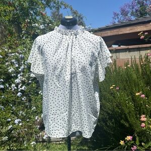 SHEIN White and Black Puff Sleeve Blouse with Mandarin Collar Business Casual